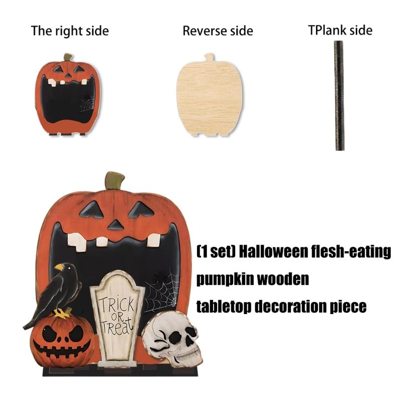 Handcrafted Scary Pumpkins Table Ornament Solid Wood Carving Halloween Home Festival Shelf Display
