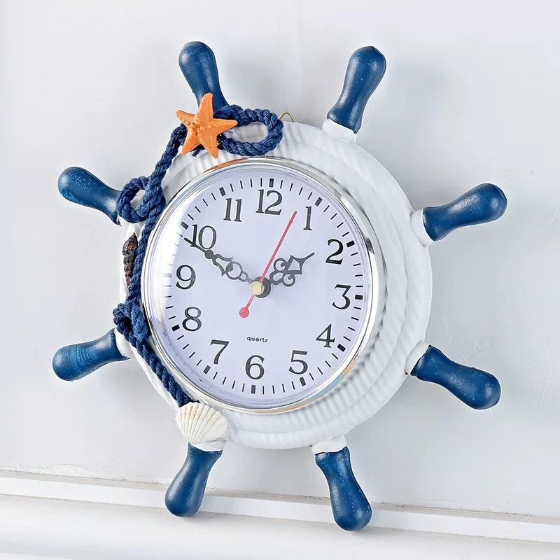 Модные средиземноморские настенные часы деревянные тихие морские декорации якорь штурвал корабля рыболовная сеть часы бар ферма дом