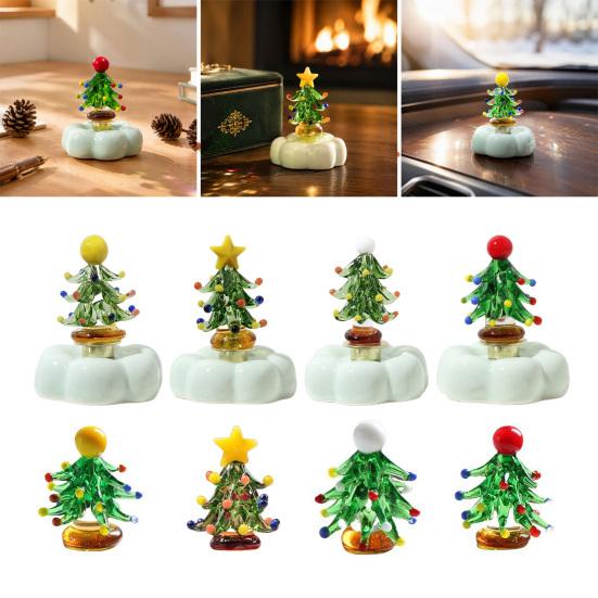 Hand Glazed Craft for Anniversary Glass Christmas Tree Figurine with Rotating Ceramic Base, Handmade Art Holiday Ornament Car Dashboard Desk Decor And