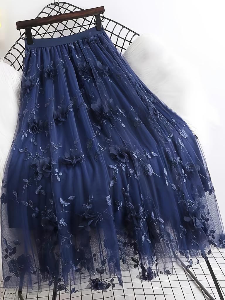 Сетчатая юбка с цветочной аппликацией, повседневная юбка с эластичной резинкой на талии, женская одежда