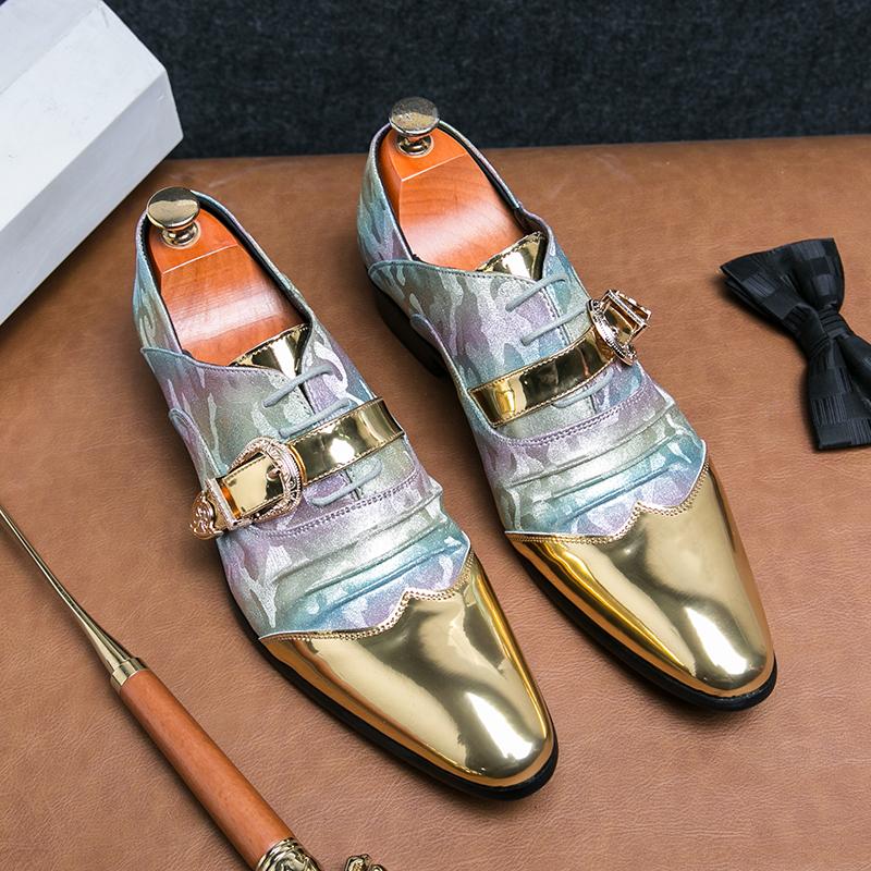 Fashion New Men's Pointed Gold Fold Patchwork Loafter Patent Leather Casual Shoes Male Formal Wedding Dress Homecoming Zapatos Hombre