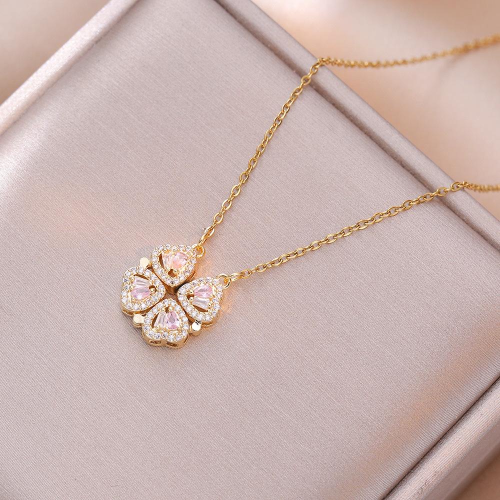 Women's Japanese Korean Folding Fashion Two-Wearing Four-Leaf Flower Heart-to-Heart Clavicle Necklace Zircon Copper Water-Wave