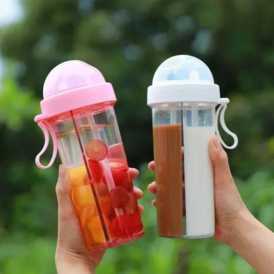 Бутылка для воды с двумя отделениями и двумя трубочками, герметичная, прозрачный пластик, двойной стакан
