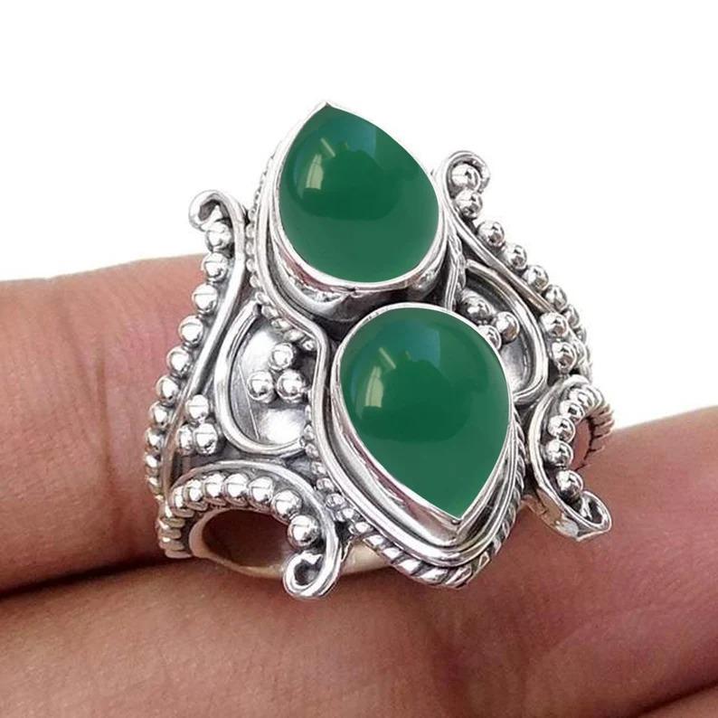 Серебряное кольцо 925 пробы, Кольцо с зеленым ониксом и грушей, Женское кольцо, Кольцо с камнем, Ювелирные изделия ручной работы, Кольцо для женщин, Обручальное кольцо