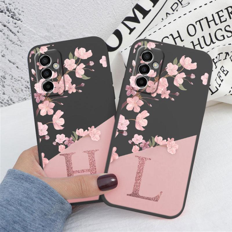 Initial Letter A Z Case For Samsung Galaxy M23 F23 5G Cover Pink Flowers Soft Silicone Back Funda For Samsung M 23 Coque Bumper