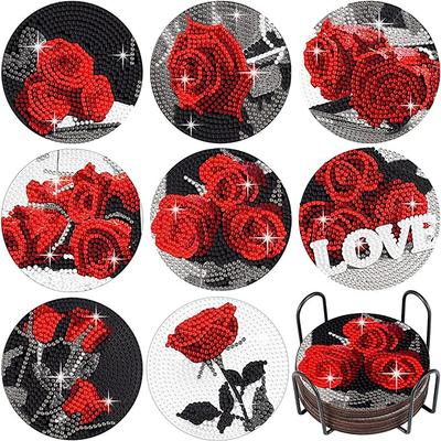8 шт./набор подставок с узором в виде красных роз, расписанных алмазами, с кронштейнами. Подставки своими руками для начинающих и взрослых, товары для творчества и рукоделия, подарки
