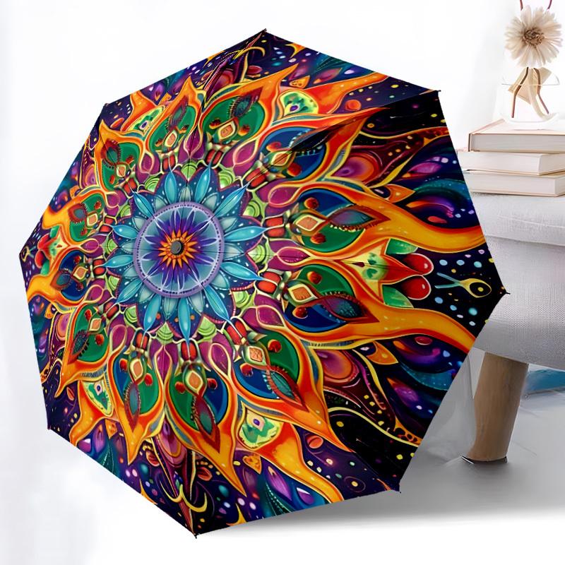 1pc Psychedelic Mandala Art Automatic Umbrella - 8-Rib Durable Frame, Portable Fashion Accessory & Holiday Gift yy251117151