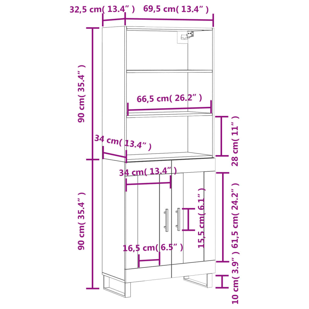 Highboard White 69.5 x 34 x 180 cm Particleboard