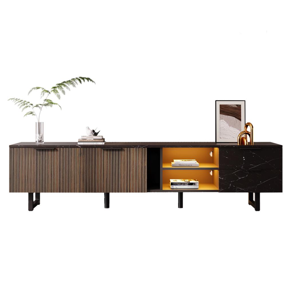 200cm TV Cabinet with Black Marble Look, Dark Wood Grain Doors, Adjustable LED Lighting, Two Doors and Two Drawers, Suitable for Robot Vacuum Cleaners