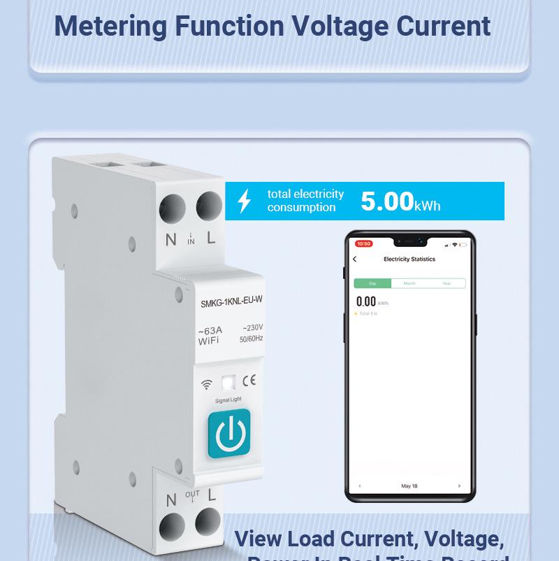 Умный WiFi автоматический выключатель Tuya: Пульт дистанционного управления, Таймирование, Измерение, Защита от перегрузки по току/перенапряжения, Аварийная сигнализация и Автоматический выключатель.