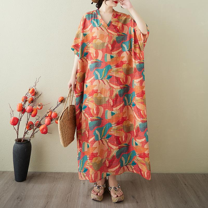 DIMANAF 2025 Лето Большой Размер Новое Платье Женщины Винтажное Длинное Повседневное Свободное Базовое Платье Макси с Принтом и V-образным Вырезом
