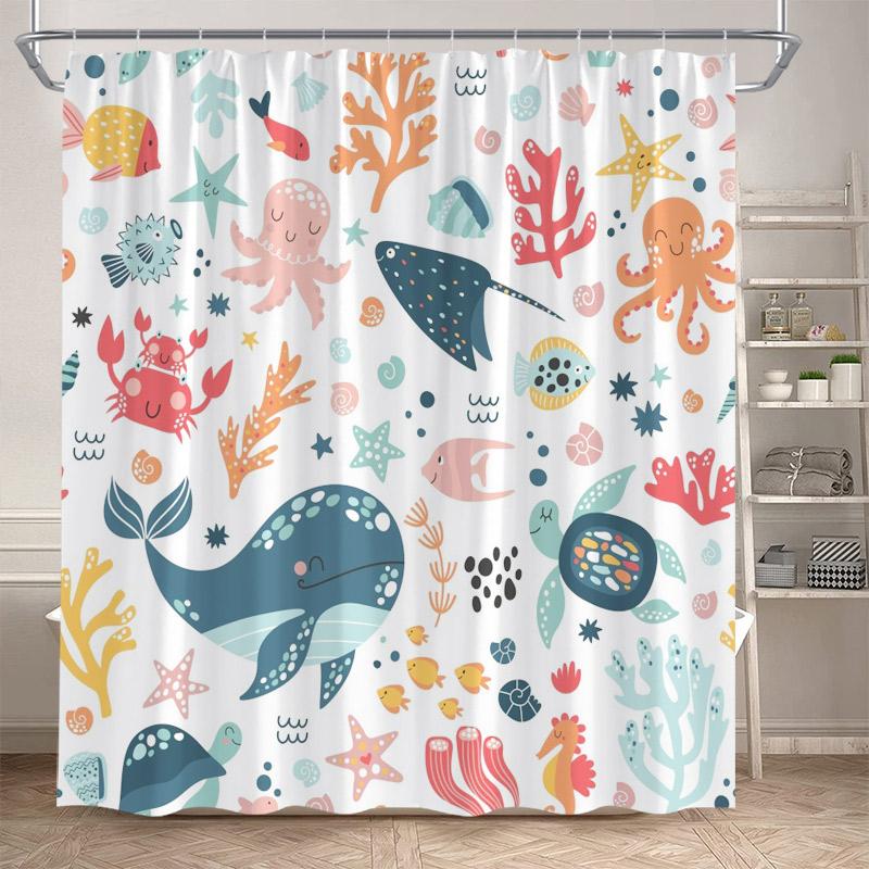 Cartoon Animals Shower Curtains Cute Fox Lion Deer Rabbit Autumn Floral Plant Kids Bath Curtain Polyester Bathroom Bathtub Decor
