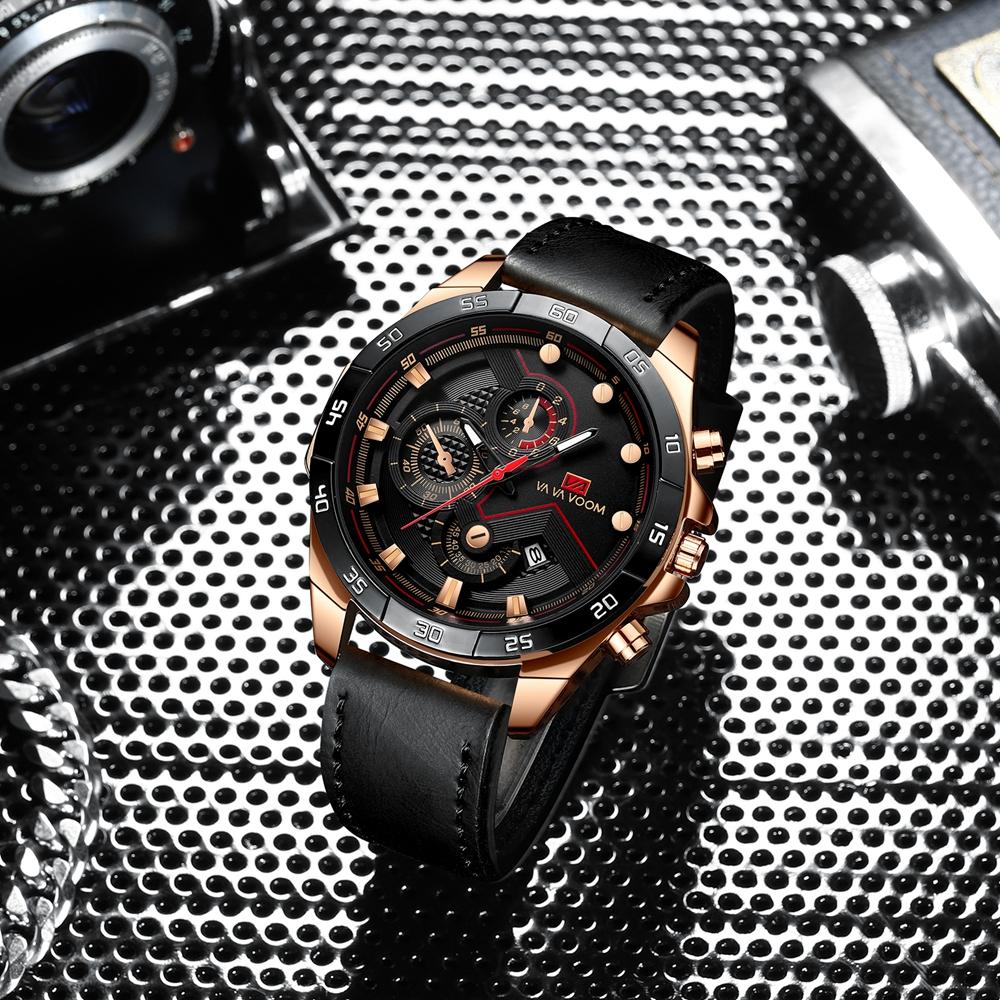 VA VA VOOM Спортивные часы для мужчин, модные кварцевые часы, лучший бренд класса люкс в стиле милитари, водонепроницаемые наручные часы из нержавеющей стали с хронографом и кожаным ремешком