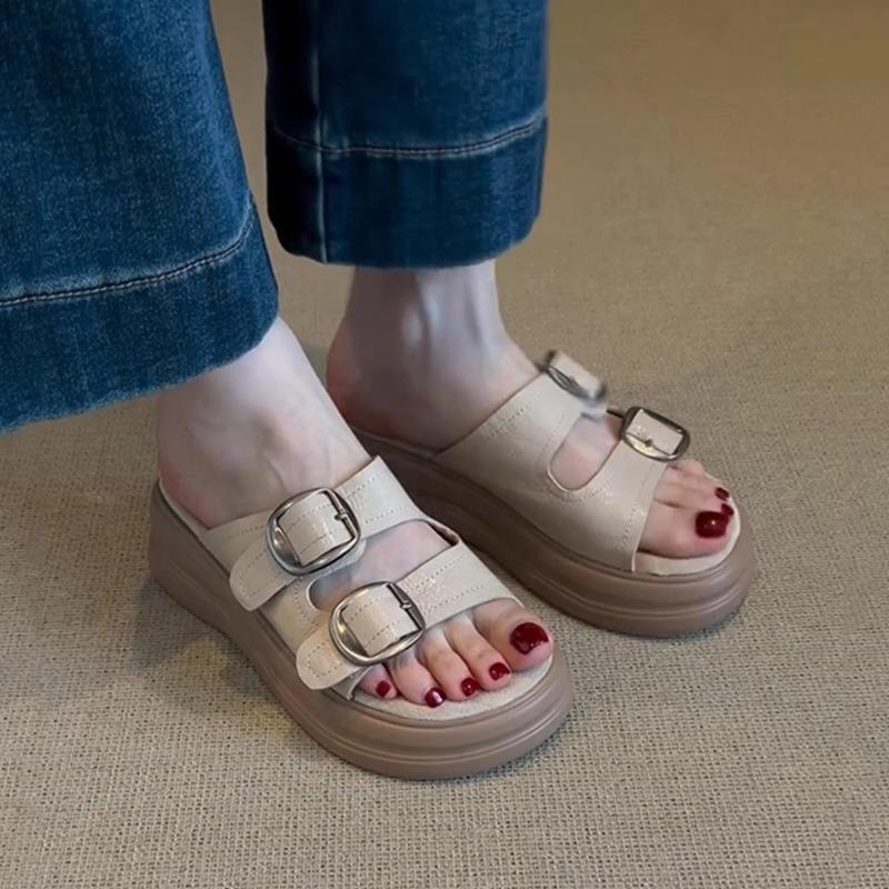 Casual Shoes One-shoulder Shoes Muffin Thick-soled Versatile Flip-flops with Buckles
