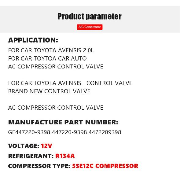 Ac Compressor Valve for Toyota Ge447220-9398 447220-9398 4472209398 5SE12C A/C Air Control Valve Toyota Avensis 2.0L 2004-2012