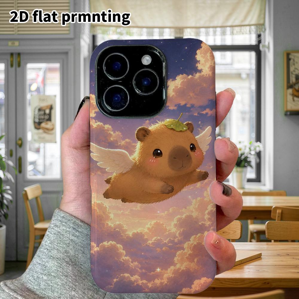 Phone Case: 2D flat design suitable for iPhone 18, 17, 16, 15, 14, 13 Pro film protective case, couple style, angel wings capybara, Christmas and Hall