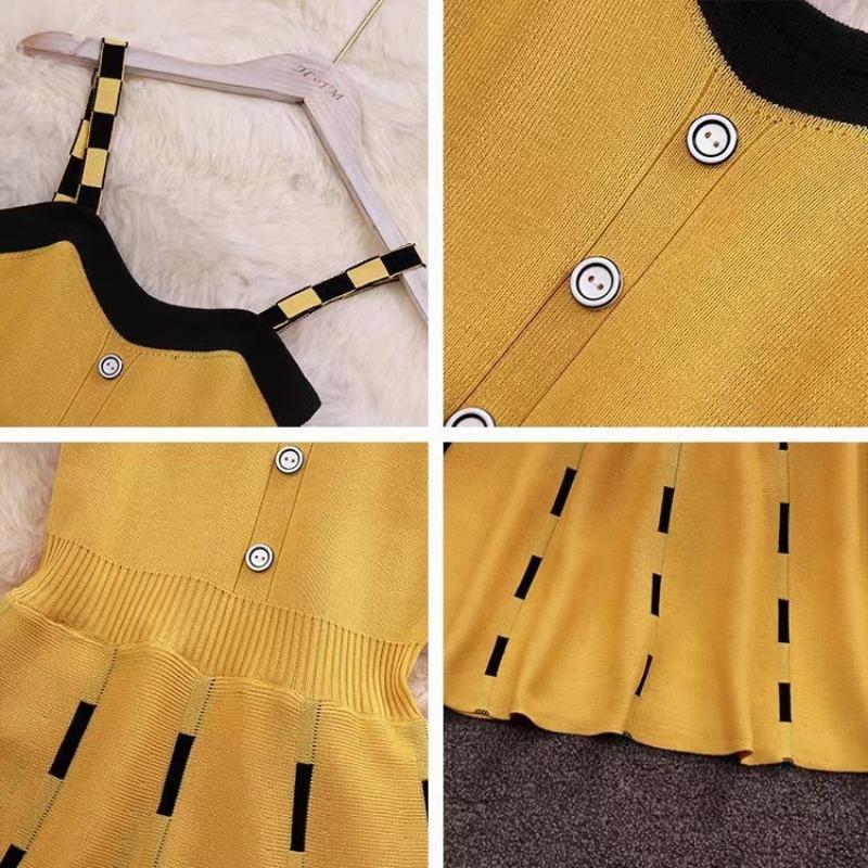 Вязаное контрастное сексуальное мини-платье с V-образным вырезом и бретелями-спагетти, летнее, женское, повседневное, для вечеринок, желтое, черное, платья-свитера
