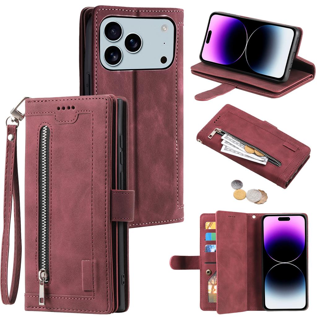 For iPhone 17 Pro Max Case 9 Card Slots Zipper Wallet PU Leather Phone Cover with Wrist Strap