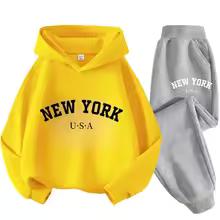 Autumn Warm New York Letter Cool Graphic Print Children Long Sleeve Hoodie +pant Suit 2pcs Set Sweatshirt Boy Girl Kid Sportwear