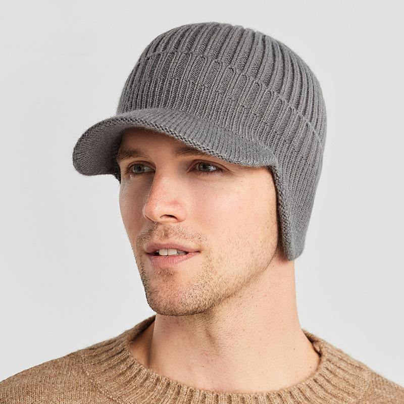 Men's Simple Fashion Autumn and Winter Solid Knitted Wool Hat Thicken Warm Outdoor Earflap Hat with Brim