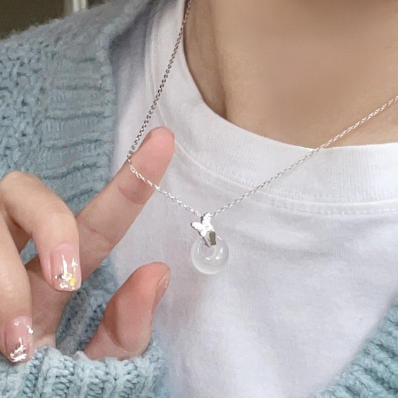 S925 Sterling Silver Butterfly Love Peace Buckle Necklace Women Versatile China-Chic Design New Jewelry White Jade Pith Butterfly Pendant