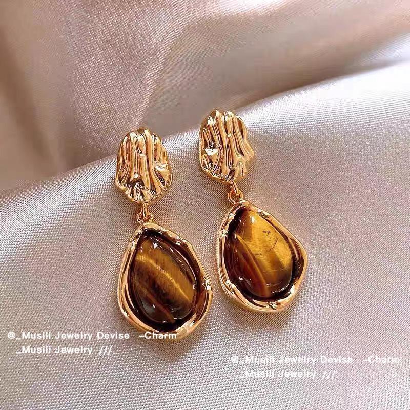 Tiger Eye Stone Earrings Alloy High End Ear Accessories Maillard Earrings Light Luxury Light Luxury Earrings For Gifts Daily