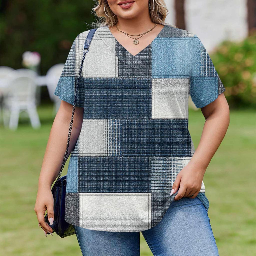 Женская модная повседневная свободная блузка большого размера с коротким рукавом, элегантная с V-образным вырезом, для работы