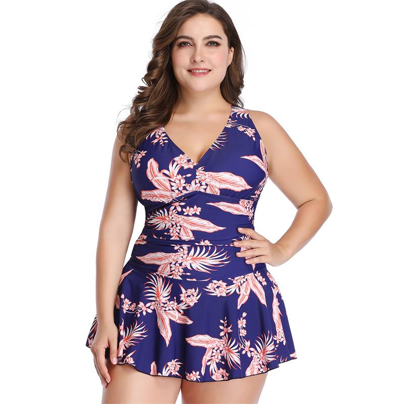 Women Summer Swimwear Plus Size Swimsuit Floral Pattern V Neck Beach Dress Sexy Two-Piece Bathing Suit S-5XL