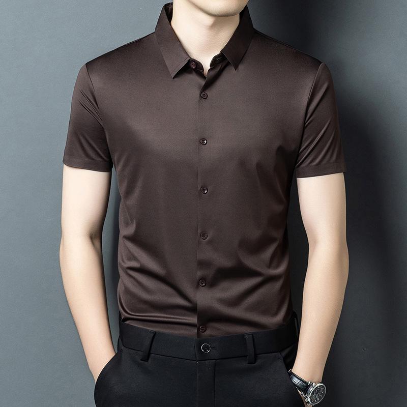 Мужская рубашка с коротким рукавом и отложным воротником из ледяного шелка - Business Casual, Не мнется, Эластичный крой для мужчин среднего возраста