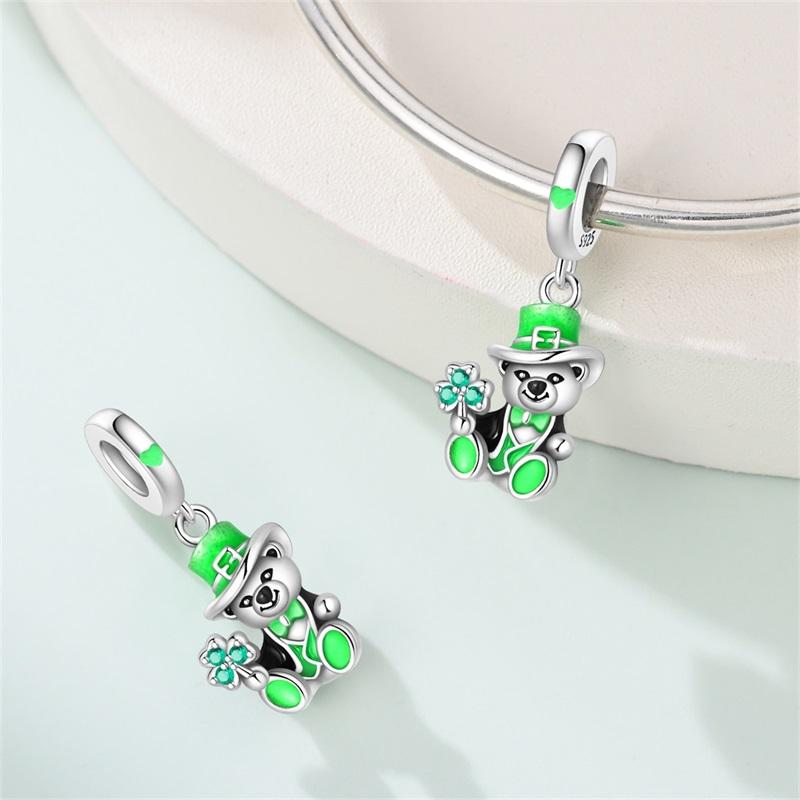 925 Silver Green St Patricks Clover Pendant DIY Charm Beads for Bangle Charms Bracelet Women Jewelry
