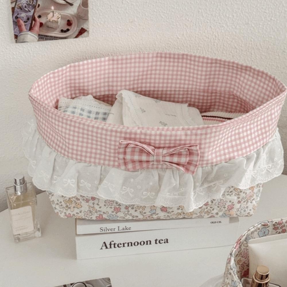 Lace Trim Fabric Storage Basket Portable Desktop Storage Box Bedroom Storage