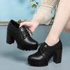 Temperament High Heels Women's Lace-up Shoes Waterproof Platform Thick-soled Ladies' Leather Shoes