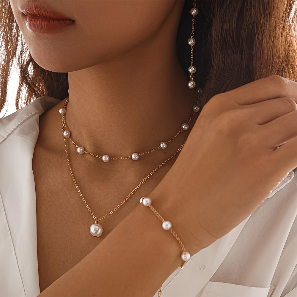Elegant French retro-style faux pearl necklace, earrings, and bracelet set for women, suitable for fashion gifts, parties, dates, and everyday wear