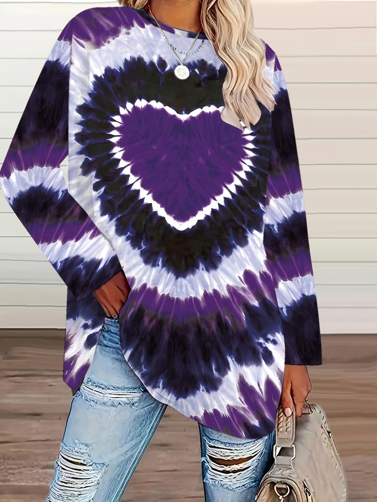 Plus Size Heart Print Top, Elegant Round Neck Long Sleeve Top for Spring, Summer and Winter, Women's Plus Size Clothing
