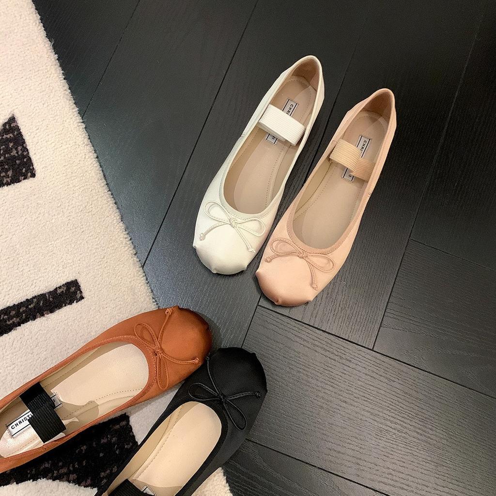 Женские балетки на плоской подошве 2025 весна новые с бантом ретро с мелким вырезом французские туфли Мэри Джейн ladyshoes