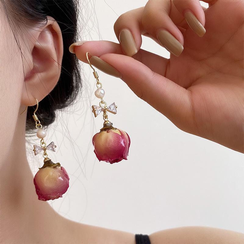Серьги Niche Design с сушеным розовым цирконием: Осенние ретро-цветочные украшения ручной работы для женщин