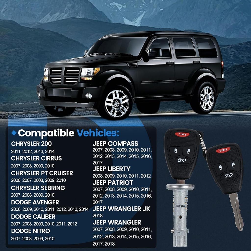 Ignition Lock Cylinder Compatible with Compass Patriot Wrangler 2007-2017 | Chrysler 200 2011-2014 Cirrus Nitro 2007-2010 Avenger 2008-2014 Liberty