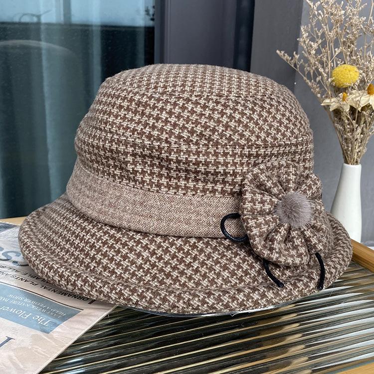 Mom hat ladies autumn and winter bucket hat versatile middle-aged and elderly basin hat casual travel curled woolen top hat