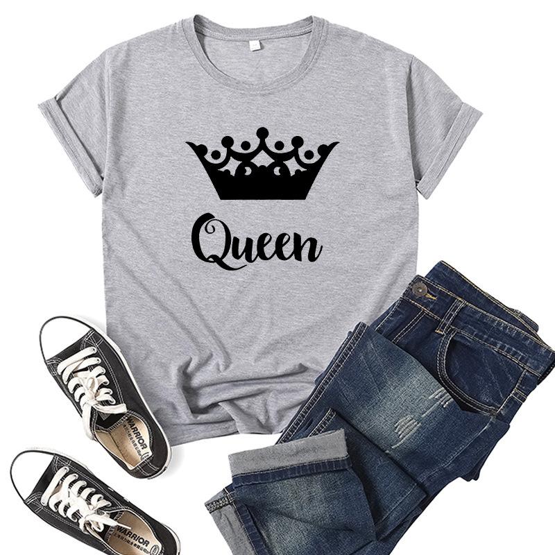 Футболка для пар с принтом King Queen Crown, женская свободная футболка с короткими рукавами и круглым вырезом, модная футболка для влюбленных, топы, одежда