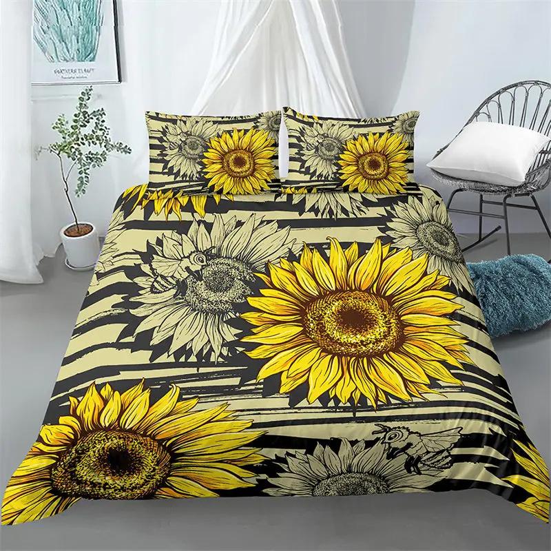 Sunflower Bedding Set Modern Microfiber Yellow Flowers Print Duvet Cover Alluring Sunflowers Summer Inspired Design Quilt Cover