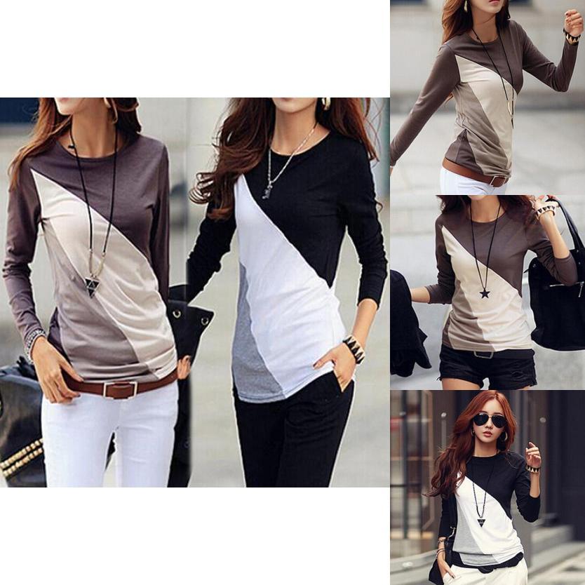 Korean Fashion Women Style Autumn Slim Fit Color Block Blouse Long Sleeve Shirt