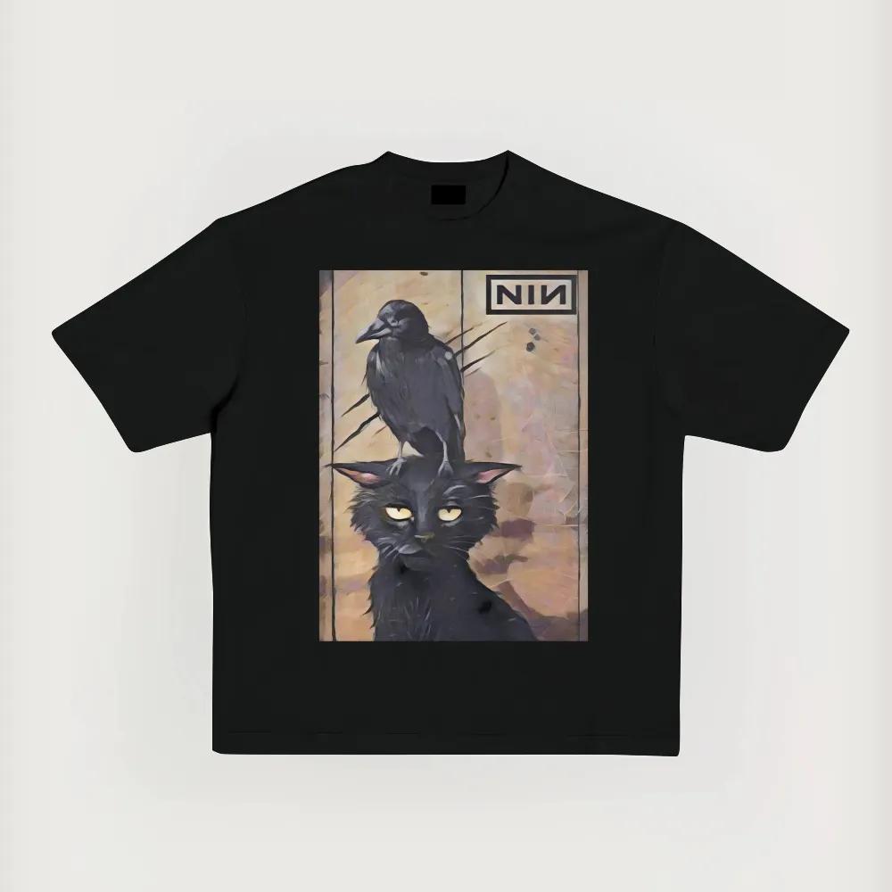 Crow And Cat And Industrial Rock Band Classic Tshirt Oversized Printed Round Neck Tshirt