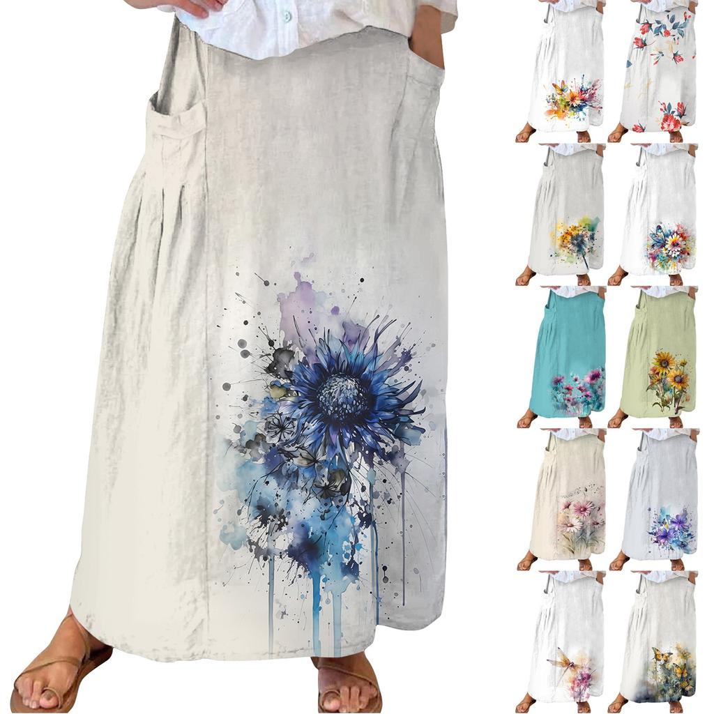 Women Casual Loose Boho Elastic Waist A-Line Beach Flowy Swing Vacation Maxi Skirt With Pocket
