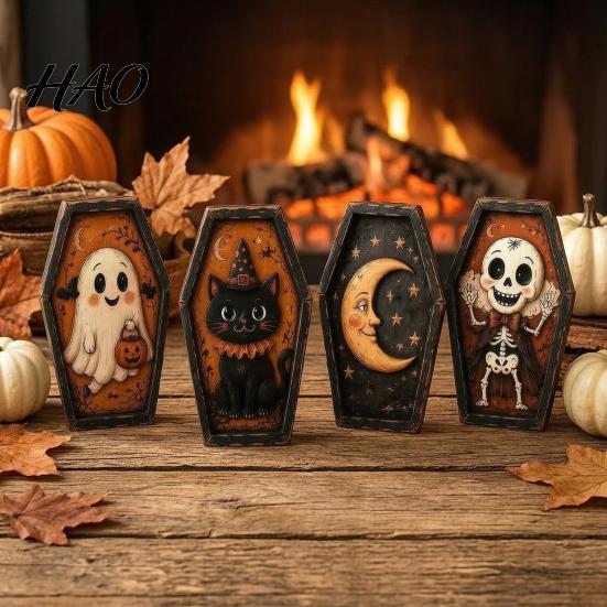 Black Cat Home Accents Vintage Halloween Wooden Table Decoration, Rustic Ghost Skeleton Pumpkin Retro Holiday Tabletop Signs Desktop Block Sign