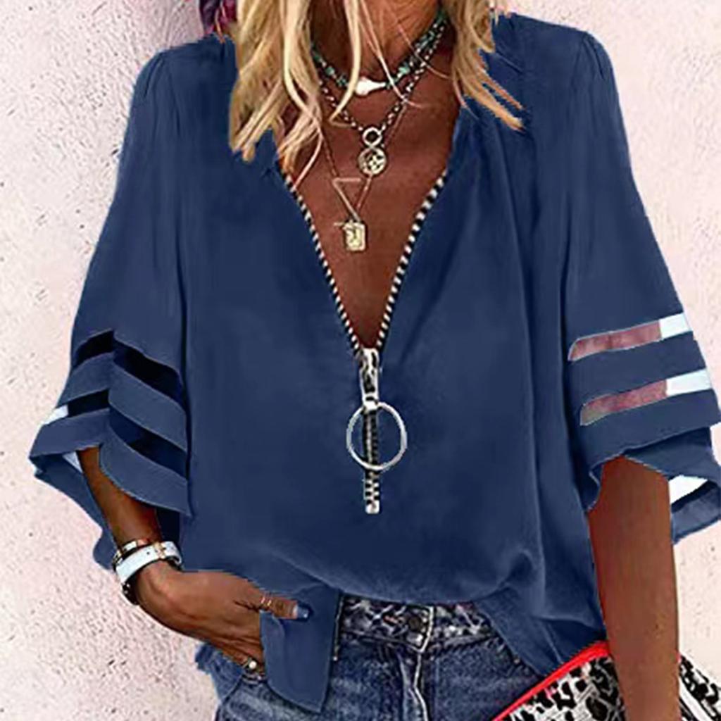 Women's Fashion Solid Colour Casual Loose Mid Sleeve Patchwork T-Shirt Top