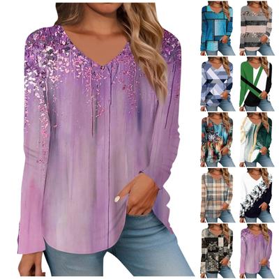 Жен. Футболка Ретро С принтом Длинный рукав Повседневные Выходные Повседневные Классический V-образный вырез Обычный Осень Зима Верхушки