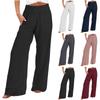 Women Cotton Linen Elastic Waistband Wide Leg Beach Long Pants Solid Color Loose Trousers