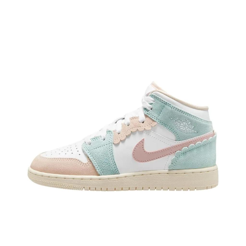 Air Jordan 1 Mid SE GS Scalloped Edge Kids Sneakers Green White Pink-Oxford DZ5361-100