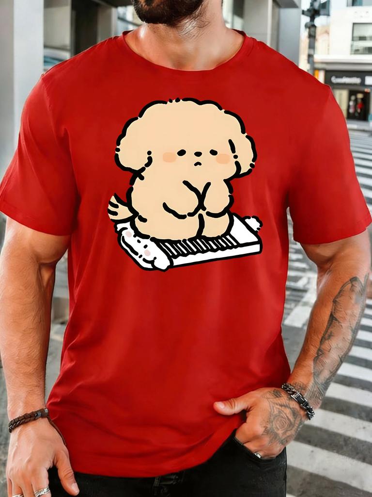 Cute Fluffy Puppy Playing Piano Front Print T Shirt Lovely Cartoon Dog Graphic Tee Casual Short Sleeve Top Music Pet Lover Gift