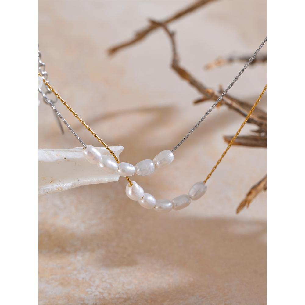 Yhpup Natural Freshwater Pearls Stainless Steel Chain Necklace for Women Waterproof Chic Fashion Collar Jewelry Gift Waterproof